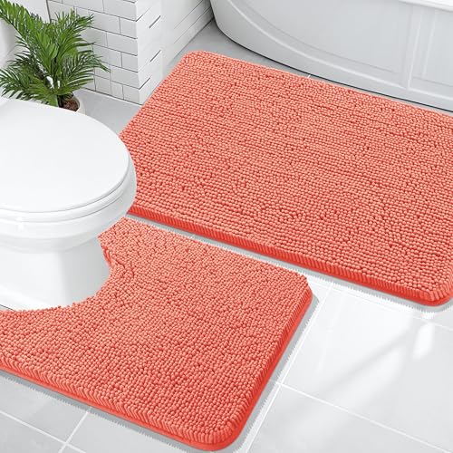 Image of OLANLY Bathroom Rugs Sets 2 Piece, Soft Absorbent Chenille Bath Mats and U-Shaped Contour Toilet Mat Area Rug Set, Machine Washable Bath Carpet, Home Decor Accessories(36 inchx24 inch+24 inchx20 inch, Coral)