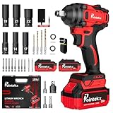 POINTEKX Pistola de Impacto 1/2' Inalambrica, 450N.M Llave de Impacto con Motor sin Escobillas, 2 * 3.0Ah Baterías Taladro...