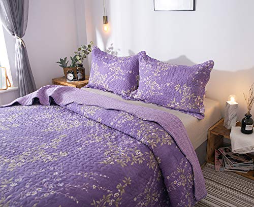 Kasentex Country-Chic Printed Pre-Washed Set. Microfiber Fabric Floral Design. King Quilt + 2 Shams. Purple #TOP2