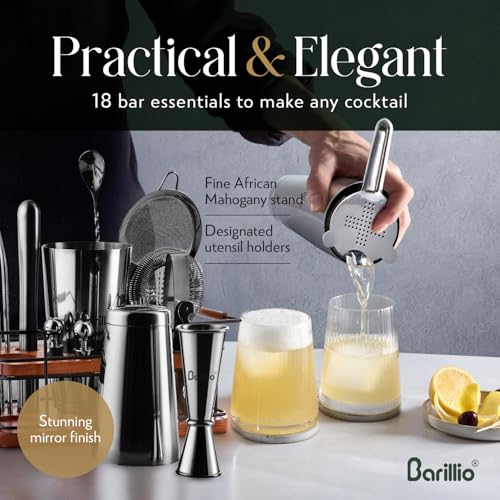 Barillio Black Bartender Kit – 23-Piece Stainless-Steel Cocktail Shaker Set with Premium African Mahogany Stand | Martini Barware Mixing Tools for Home Bartending | Gift Set