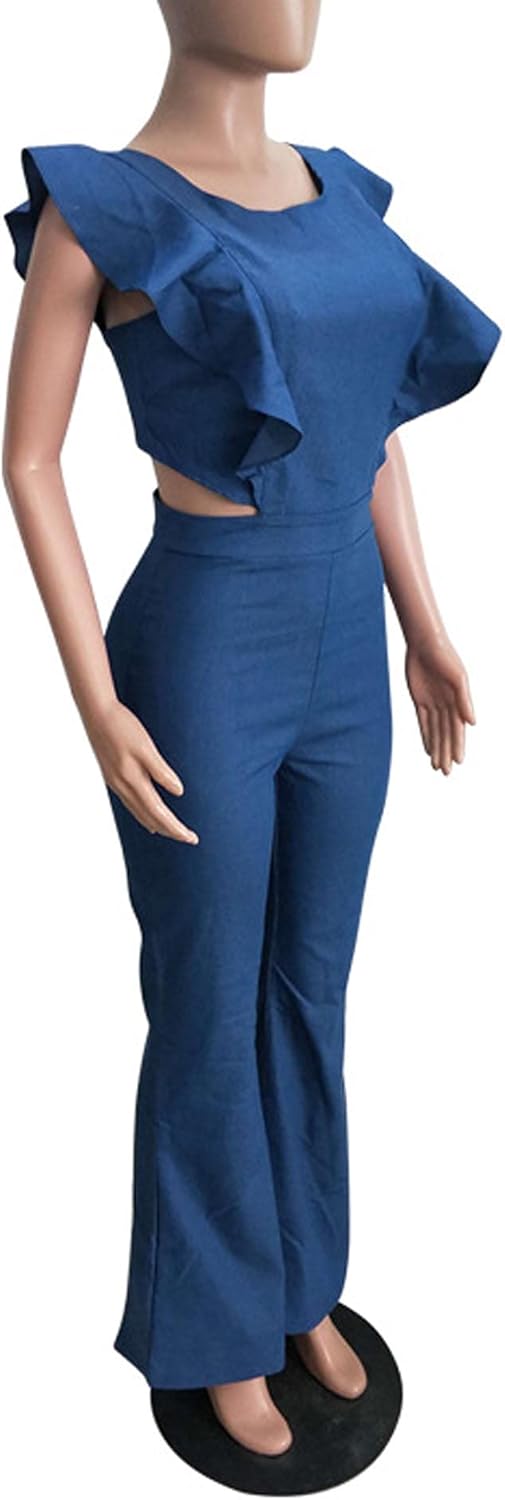 Sexyshine Women's Halter Lace Up Backless Casual Wide Leg Blue Denim Long Jumpsuit Playsuit Rompers With Belt - Image 3