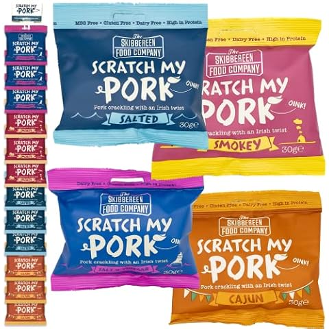Scratch My Pork Pork Crackling Pub Snack Variety Pack - 4 Flavours of Pork Scratchings - High Protein - 3 x 30g Packs Each of Salted, Smokey, Cajun and Salt & Vinegar by The Skibbereen Food Co Cover