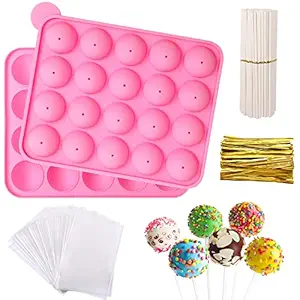 JULMELON Cake Pop Mold, 20pcs Capacity Silicone Cake Pop Mold Set, Cake Pop Maker with 100pcs Cake Pop Sticks 100pcs Candy Treat Bags100pcs Gold Ties for Lollipop Candy Chocolate Making and Packing