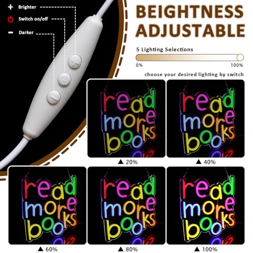 Image of Read More Books Neon Sign for Wall Decor, Reading Led Signs for Library, USB Dimmable Neon Lights for Classroom Reading Corner Bedroom Study Room Home Book Club Motivational Wall Art