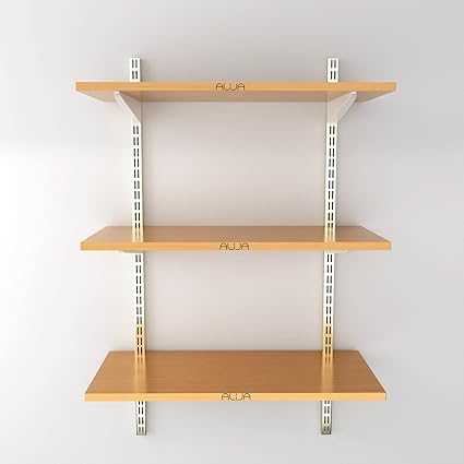 ALIJA Twin Slot Channel Adjustable Rack with 3 Wooden Shelf Shelving Unit Multipurpose Rack/Wall Mount Shelf Rack (White & Beige) - (36 X 24 X 11 Inch)