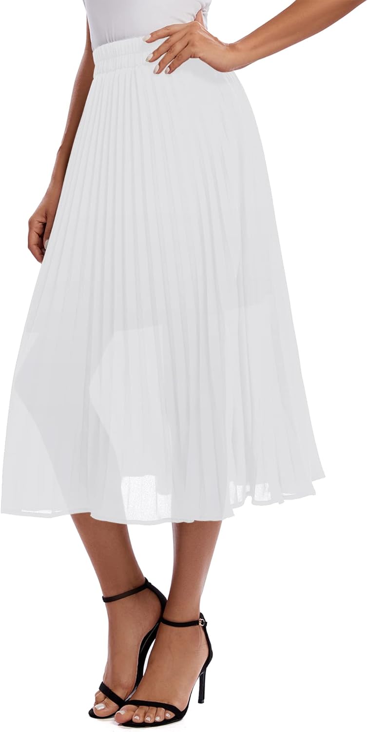 Urban CoCo Women's A Line Elastic Wasit Chiffon Midi Skirt Flare Pleated Skirts with Pockets - Image 5