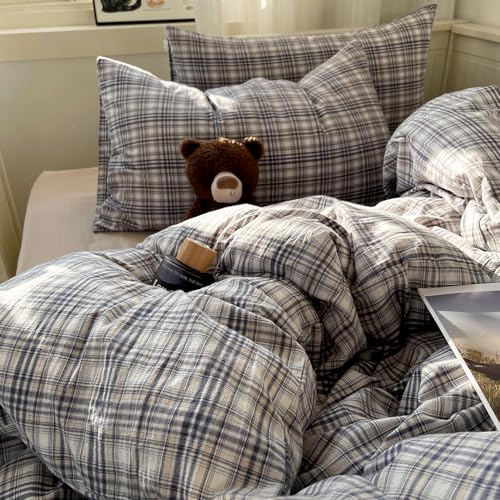 mixinni Twin XL Duvet Cover Set - 3 Piece Vintage Buffalo Plaid Bedding, 100% Washed Cotton Duvet Cover with 2 Pillowcases, Soft & Breathable Navy Beige White Geometric Grid Pattern for All Seasons by mixinni - Used condition - Image 9