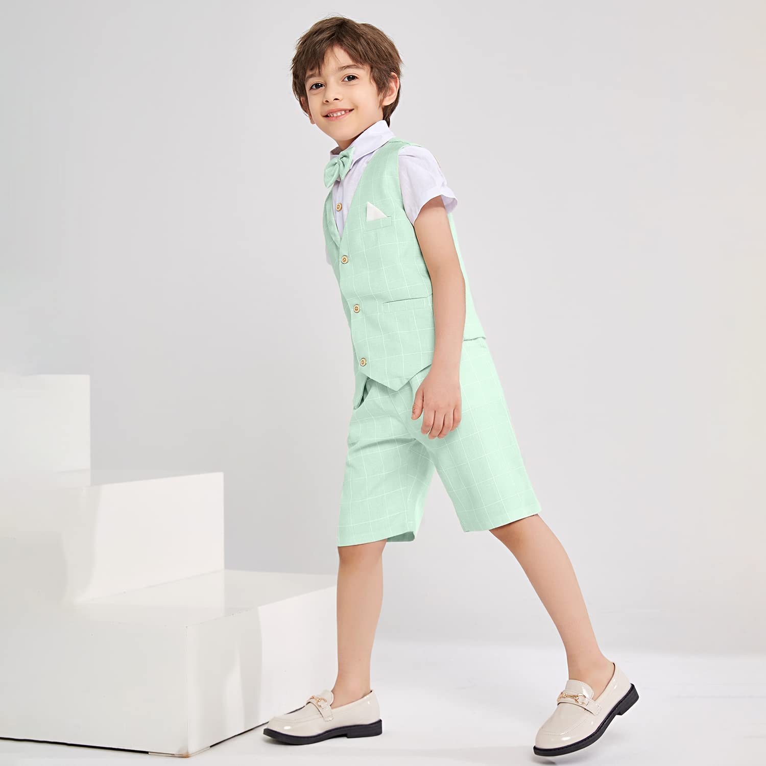 LOLANTA 4PZ Completo Cerimonia Bambino, Abito Bimbo Estivo con Gilet Pantalone Camicia e Papillon per 2-12 Anni