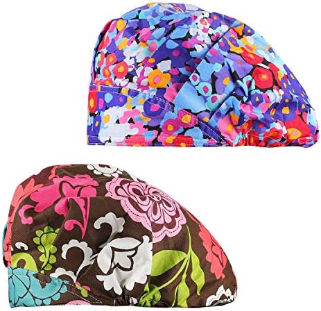 Cascacy 2 Pack Women's Adjustable Cotton Bouffant Cap, Working Hats with Sweatband, Multi Color