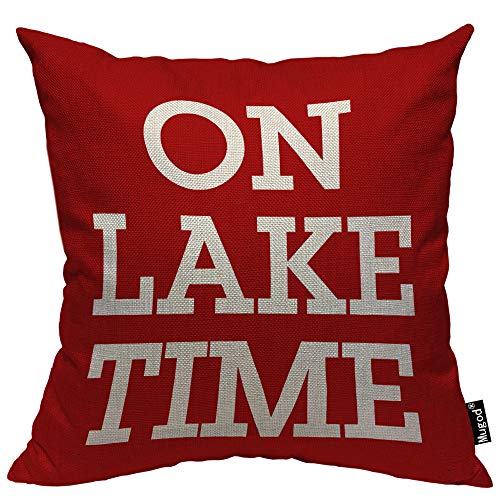 Mugod On Lake Time Throw Pillow Case Funny Lettering Leisure Time Rose Red and White Decorative Cotton Linen Square Cushion Covers Standard Pillowcase Couch Sofa Bed Men/Women 18x18 Inch