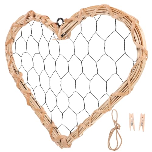 Image of FRCOLOR Heart-shaped willow woven photo frame vintage style wall hanging picture holder for offices and multipurpose photo display