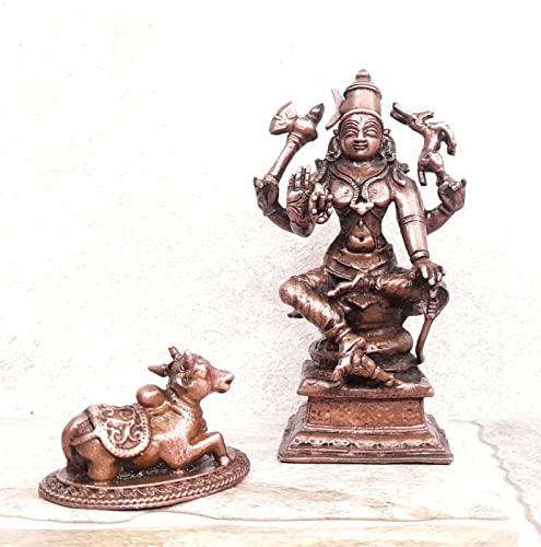 Image of Copper Idols of god Lord Shiva, with Nandi Idol, 3.7 inch, 470, Patina Antique Finish, Pack of 1 Piece