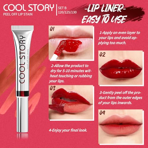 3PCS Peel Off Lip Stain Lip Tint Set, Matte Lipstick & Lip Liner, Waterproof Long Lasting Peel Off Lip Gloss, Lip Liner Lip Makeup Kit (Color, Set B)