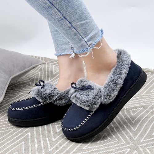 Image of DL Womens Fuzzy Warm Moccasin Slippers Memory Foam, Soft Fluffy Women's Winter House Slipper Closed Back Fur Lined, Cozy Ladies Suede Indoor Bedroom Houseshoes Non-Slip