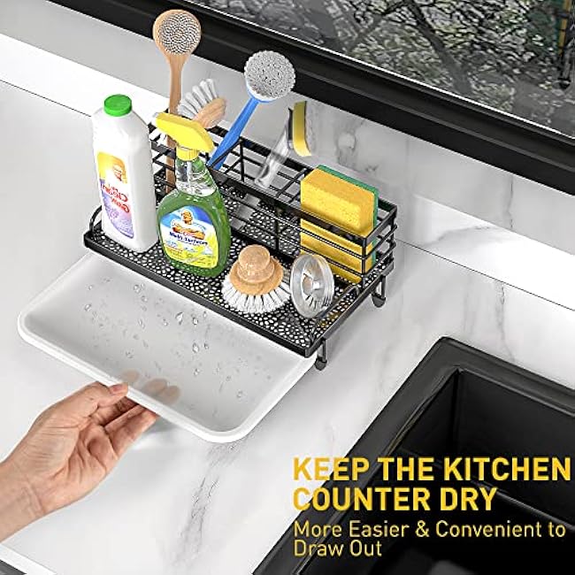 Cisily Large Kitchen Sink Caddy Organizer, Rustproof Non-Slip Soap Dish Dispenser Brush, Sponge Holder for Kitchen Sink, Kitchen Organization and Storage, Home Essentials Accessories£¨Black£©
