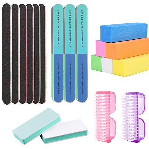 Nail File and Buffer Professional Manicure Pedicure Tools Kit Nail Sanding Buffer Blocks 100/180 Grit Emery Board Fingernail Scrub Cleaning Brush Nail Art Care for Natural Gel Acrylic Nail, Set of 19