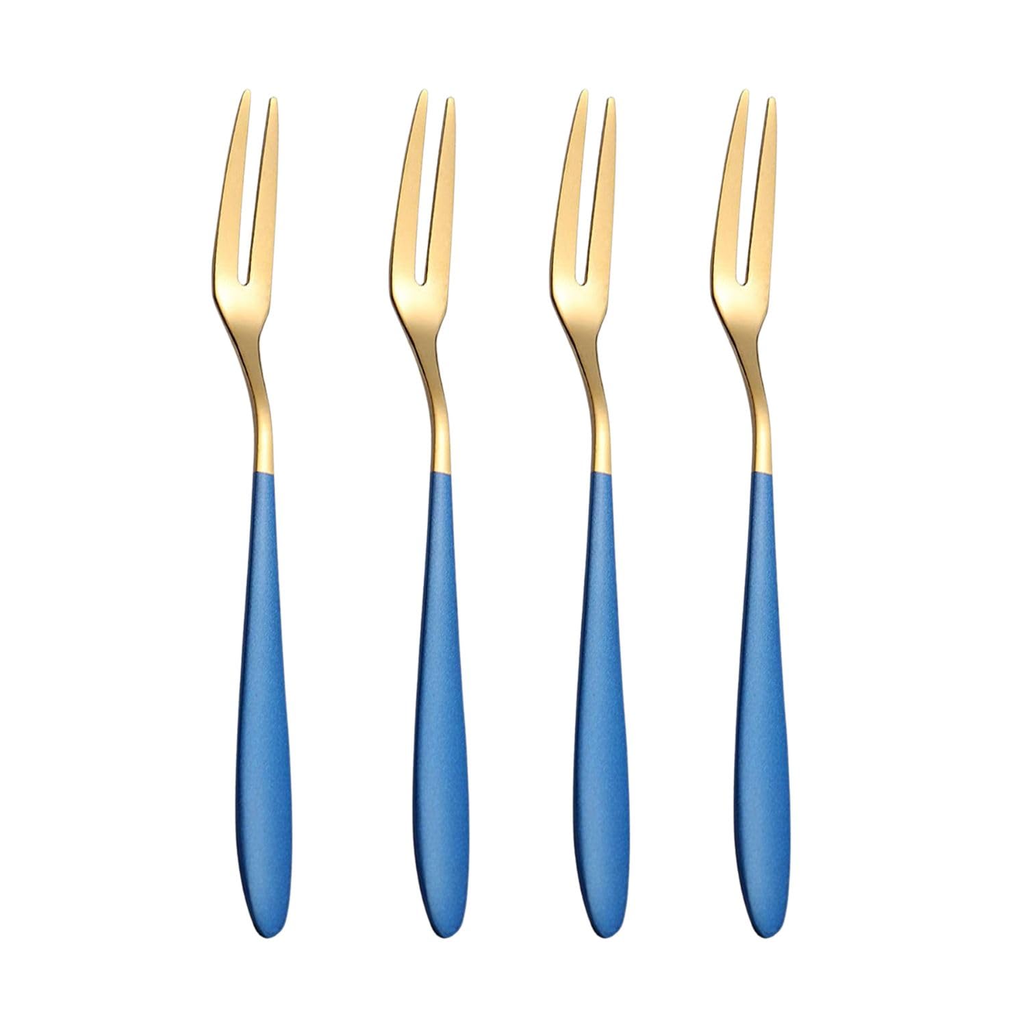 Elegant Stainless Steel Fruit Fork, Tasting Appetizer for Cake, Dessert, Salad, Mooncake - Mini Portable and Gold Lovely Forks Used for Party, Restaurant (Blue, Set of 4)