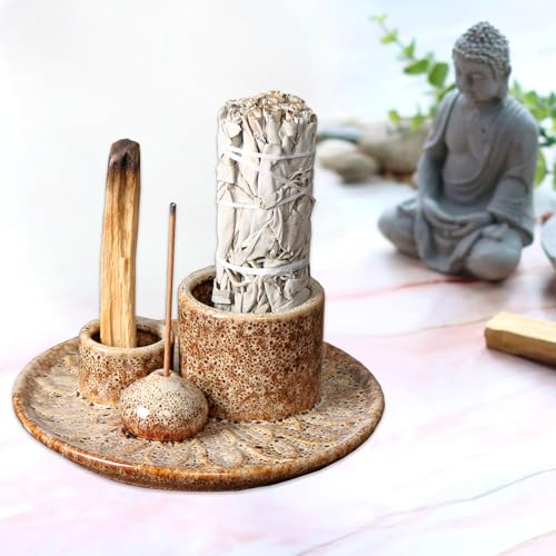 Porte-encens Bol d'encens 4 en 1 pour Chaque encens, encens, palo Santo, Sauge Blanche, bâtons d'encens et bougeoir, Plateau en céramique pour Salle de...