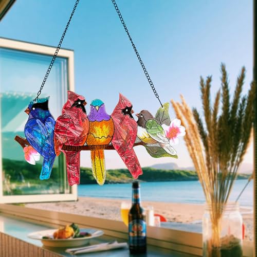Image of DASTOLL Stained Glass Window Hanging - Large Stained Glass Birds on Branch, Birds Sun Catchers Indoor Window with Chain and Hook Gifts for Bird Lover, Mom, Grandma, Stocking Stuffers for Women