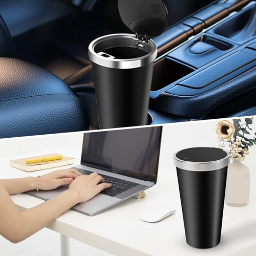 Image of Car Garbage Can Cup Holder Mini Trash for Car with 90 Pcs Black Bags Small Car Trash Bin Push to Open Lid Auto for Car Accessories Home Office Bedrooms Black Silver