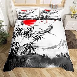 Edredon Japones Homewish Juego de funda de edredón de estilo japonés, diseño de grulla de montaña, tamaño doble, para niños, adolescentes, adultos, hojas de bambú, decoración de dormitorio, gris y blanco