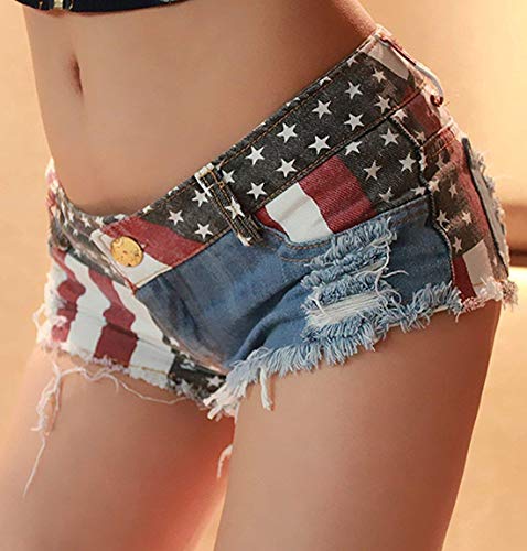 Chouyatou H1244250919DF-BLUE-S Women'S Low-Rise American Flag Print Daisy Duke Ripped Denim Shorts thumb #1