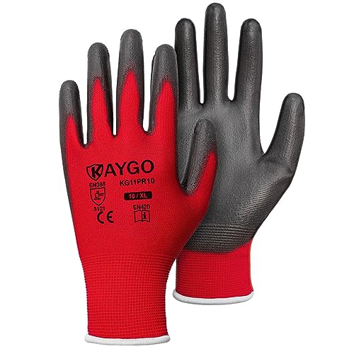 Image of KAYGO Work Gloves for Men and Women, 60 Pairs Seamless Knit PU Coated Safety Gloves, with Smooth Grip on Palm and Fingers, Ideal for Light Warehouse, Manufacturing, Gardening, KG11P (XL, Red)