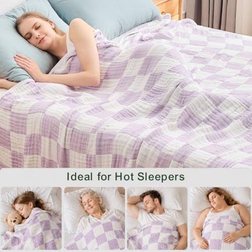 Image of EMME Cooling Muslin Blanket for Adults - Checkered Lightweight Summer Cotton Throw Blankets of Rayon Derived from Bamboo for Hot Sleepers, Ultra Soft Breathable Gauze