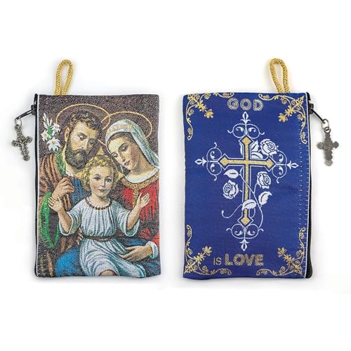 Image of TREE OF LIFE REV. 22:14 Catholic Rosary Pouch, Holy Family & God is Love, 4 inch x 6 inch Jewelry & Coin Purse with Cross, Small Woven Tapestry Icon Bag, Bolsa de Rosario Catolico para Joyeria
