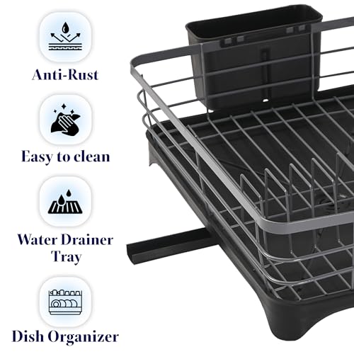 Image of Kuber Industries Stainless Steel Kitchen Drying Rack with Drain Tray & Cutlery Holder | Countertop Utensils Stand | Dish Rack for Kitchen | Bartan Stand | Gray