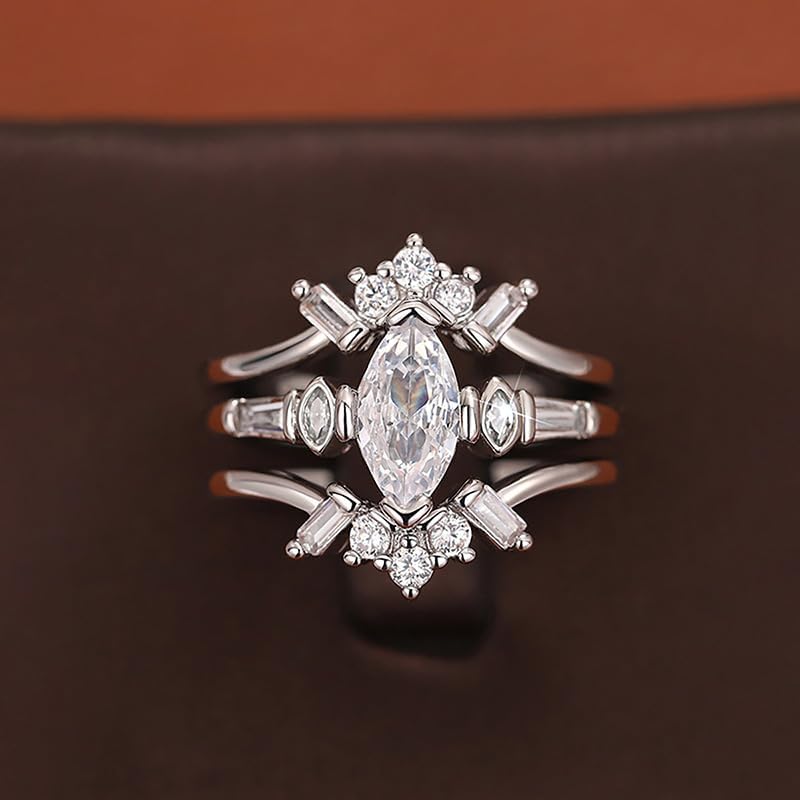 A Set of Three Marquise Geometric Rings for Women Exquisite Light Luxury Rings Engagement and Wedding Ladies Fine Jewelry