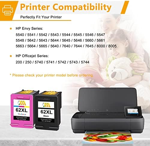 CMCMCM Remanufactured Ink Cartridge Replacement for HP 62 62XL Ink Cartridges for HP ENVY 5540 5640 5544 5646 5740 6234 7640 HP OfficeJet 250 5740 5742 200 258 Printer (1 Black, 1 Tri-colour)