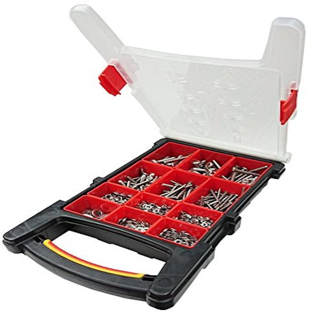 Merriway bh06617 Surtido de tornillos, galvanizado tuercas hexagonales y arandelas planas en un 12 compartimento funda de transporte.