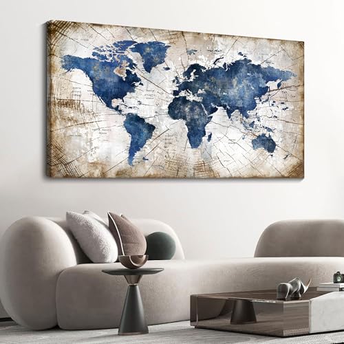 Image of World Map Canvas Wall Art Abstract Navy World Maps for Wall Vintage Modern Wall Art for Office Framed Pictures for Living Room Bedroom Wall Decoration for Home Office Decor Artwork for Walls 24x48IN