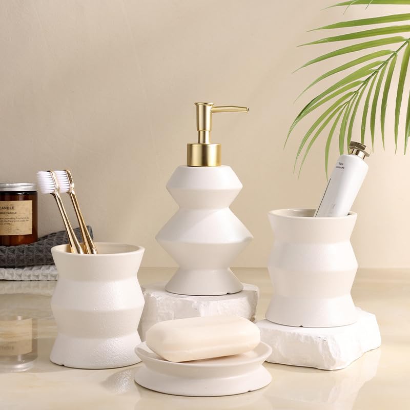 Ensemble d'accessoires de salle de bain 4 pièces avec motif marbre, comprend un porte-brosse à dents, un distributeur de savon, un porte-savon et des gobelets pour l'organisation du comptoir
