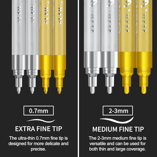 Image of SFAIH Gold & Silver Acrylic Paint Pens, 0.7mm Extra Fine 2-3mm Medium Tips | High Coverage, High‑capacity Ink, 8 Count Pens, Rock Painting, Wood, Metal, Fabric, Plastic, Canvas, Glass, Ceramic