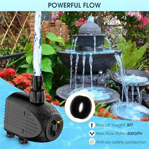 Image of NFESOLAR Ultra Quiet Submersible Water Pump 400GPH Size 5.0Lx3.3Wx3.4H in | 35W Fountain Pump with Dry Burning Protection, 10ft Cord, 8ft High Lift for Fountains, Waterfall, Aquariums KF205
