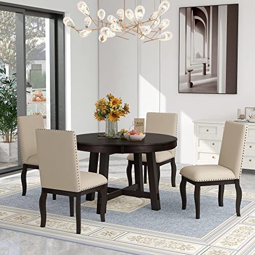 P Purlove 5 Pieces Dining Table Set Round Kitchen Extendable Dining Table With 4 Upholstered Chairs For Dining Room, Chair With Nail Head Trim, Bistro Table Set, Espresso And Beige #TOP1
