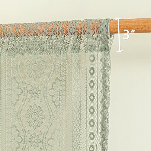 Image of MYSKY HOME Sage Green Lace French Door Curtains 40 inch Long 2 Panels Boho Sheer Floral Curtains for Door Window Scalloped Doorway Sidelight Curtains Come with 2 Matching Tie-Backs, 26 inch W Each Panel