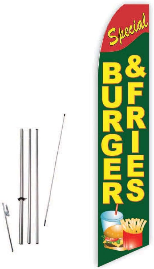 Burger & Fries Special (Green) Super Novo Feather Flag - Complete with 15ft Pole Set and Ground Spike