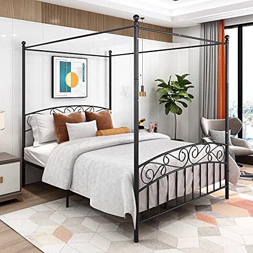 Anwick Queen Size Sturdy Metal Canopy Bed Frame with Headboard Footboard,Metal Four Post Canopy Bed Frame Steel Slats Support Easy Assembly No Box Spring Needed