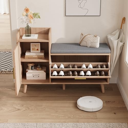 Banc Chaussures Entrée, Banc de Rangement avec Coussin, Meuble Chaussure avec Espace de Rangement, banc Meuble Chaussure avec Assise et 1 Abattant Tiroir,...