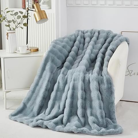 YOU SA Super Soft Fuzzy Faux Rabbit Fur Throw Blanket 63''x79'', Fluffy Long Shaggy Plush Warm Blanket for Couch Bed, Decorative Cozy Thick Bubble Furry Grey Blanket for Boys Men Cover