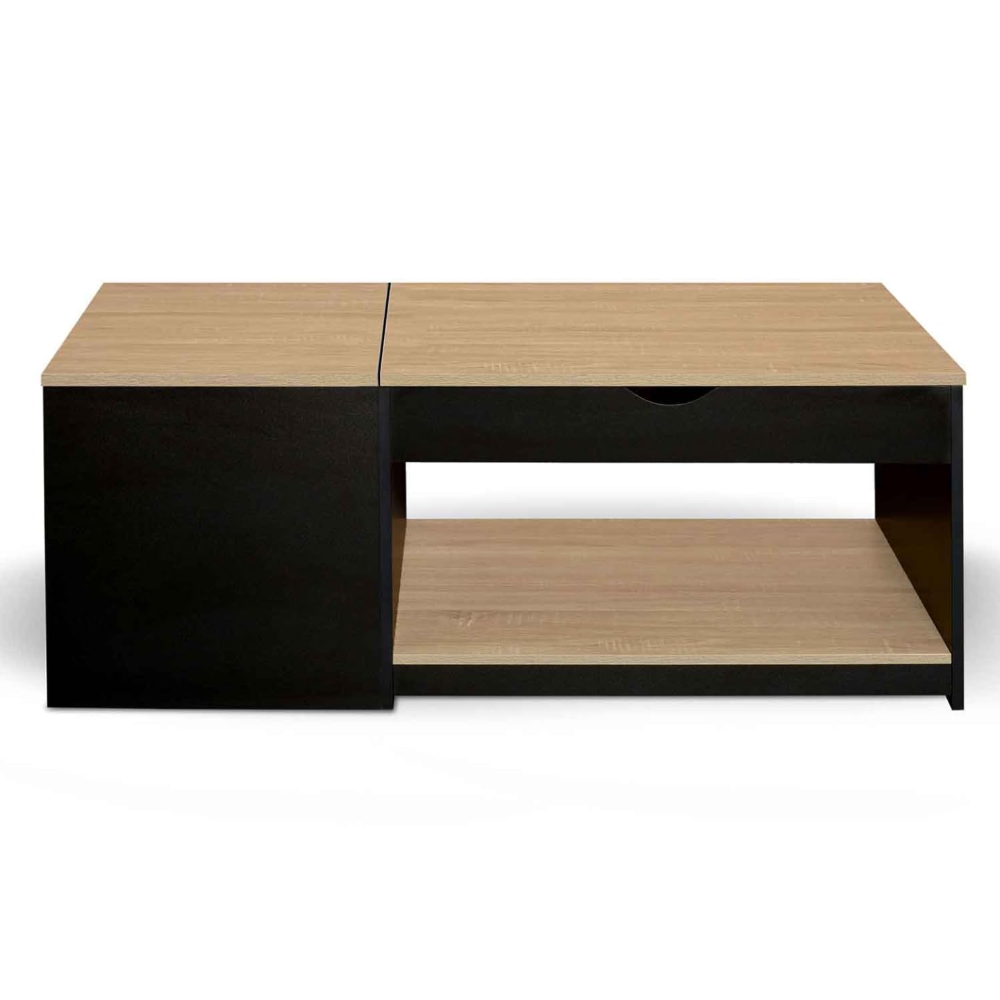 IDMarket - Table Basse 2 Plateaux relevables rectangulaire EYLA avec Coffre Bois Noir et façon hêtre