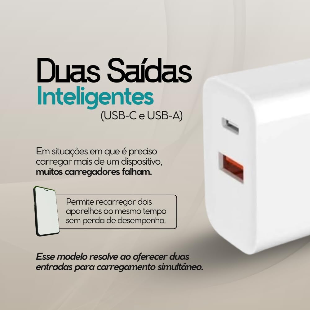 Carregador Iphone Super Turbo 45W - 2 Saídas USB-C e USB-A, acompanha Cabo Lightning Emborrachado de 1M Ultra Rapido (Tipo-C para IOS), Compatível com iPhone 8 ao 14 - Certificado ANATEL