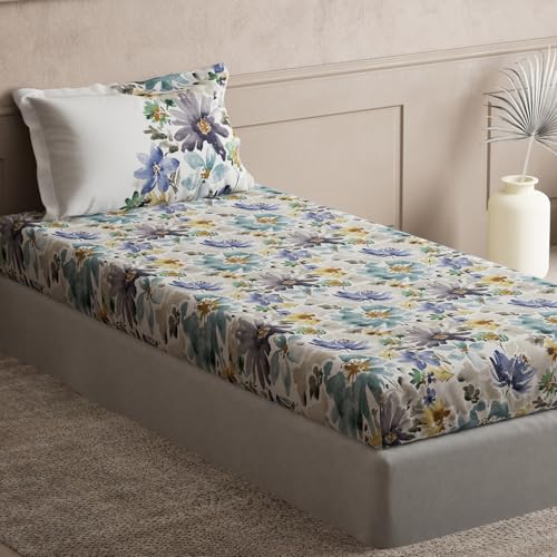 Image of 100% Pure Cotton Single Bedsheet with 1 Pillow Cover | Floral 145TC | Strong Weave for Everyday Use | 152 CM X 224 CM | - Stone Blue