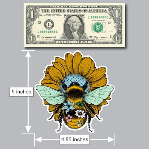 Image of Bumble Bee Decal Sticker for Car or Truck Windows Plus Laptops and Tumblers-Cute Bumblebee Pollinating a Yellow Flower Vinyl Sign Art Print, 4.85in x 5in, Large