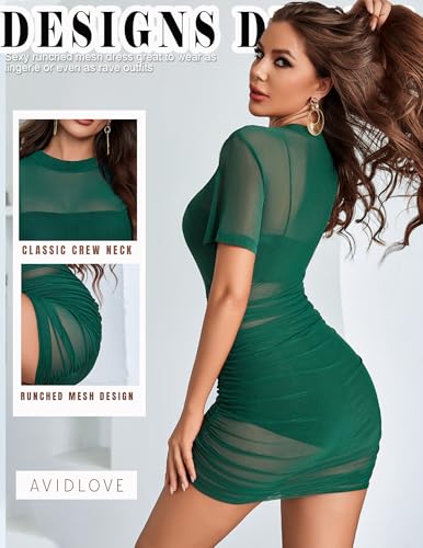 Image of Avidlove Women's Mesh Dress Sheer Lingerie Dresses Mock Neck Party Clubwear | Short Sleeve Mini Bodycon, Sexy Sheer Mesh, Ruched Mini Party Dress, Mock Neck Design, Date Night Club Party Outfit