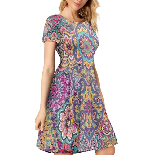 Image of HUGS IDEA Womens Puffy Swing Midi Dress Round Neck Short Sleeve Party A-Line Dresses