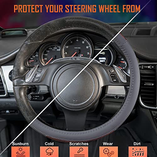 Car Pass Wood Grain Microfiber Leather Steering Wheel Cover, Universal Fit For 14 1/2-15 Inch Gray Steering Wheel, Anti-Skip Veins Design,Trucks, Suvs,Vans, Sedans (Gray) #TOP1
